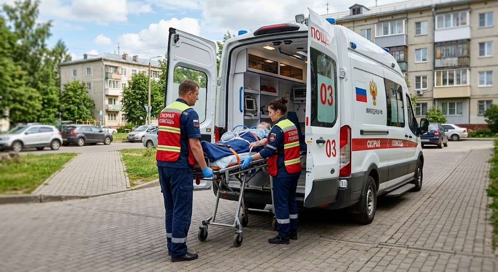 Служба медицинской транспортировки лежачих больных грузит пациента в автомобиль